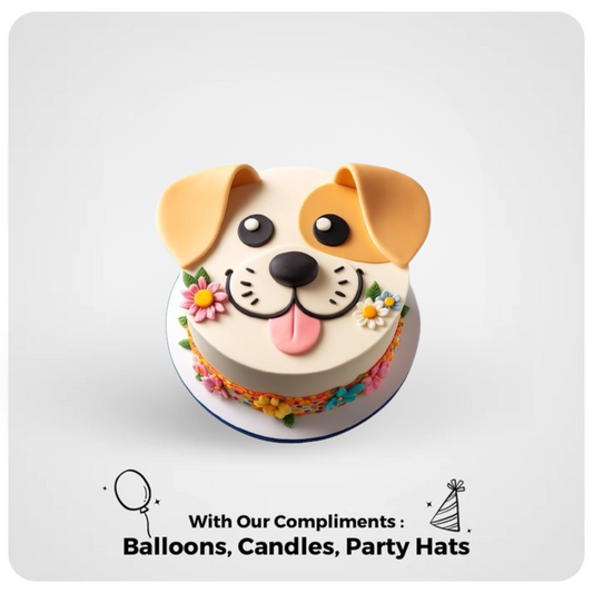 A decorative cake designed to look like a dog with fondant flowers and a collar, set against a white background with text that reads 'With Our Compliments: Balloons, Candles, Party Hats'.