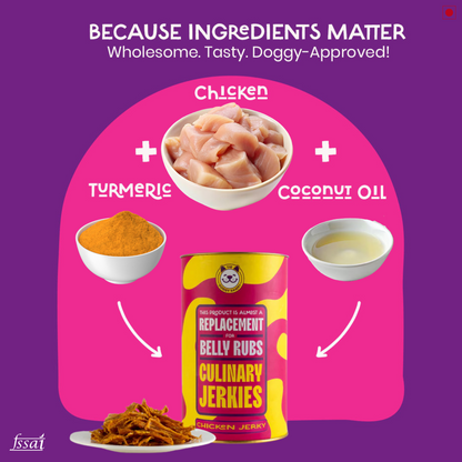 Product packaging with ingredients and a can labeled 'Culinary Jerkies' on a pink and purple background.