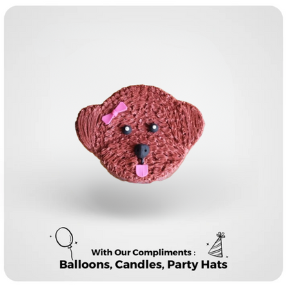 A cake designed to look like a poodle with a peanut butter topping, presented on a white background with text mentioning complimentary balloons, candles, and party hats.