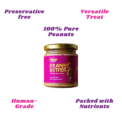 A jar of homemade peanut butter for dogs, labeled '100% Pure Peanuts', indicating it's made without sugar, xylitol, or added oils, and is preservative-free.