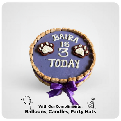 Dog birthday cake with 'Baira is 3 today' text on a white background