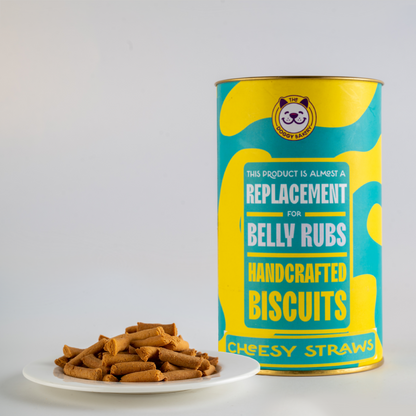 A canister labeled 'Cheesey Straws' with a plate of dog treats in front, indicating the product is a replacement for belly rubs handcrafted biscuits.