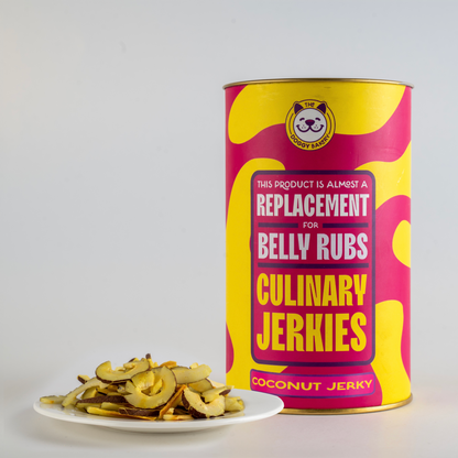 A canister labeled 'Culinary Jerkies' with a sample of coconut jerky for dogs and cats in front of it, against a white background.